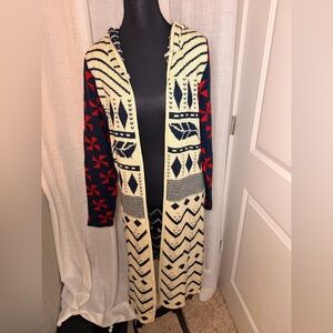 Soho Red and Navy western tribal Patterned long hooded cardigan Knit